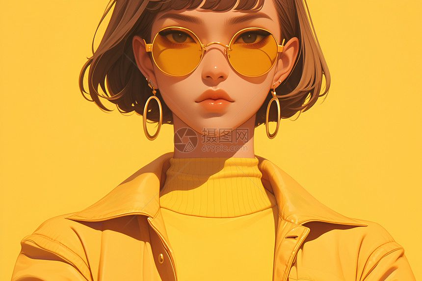 一位穿着黄色夹克和黄色墨镜的女士图片
