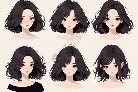 短发型多角度展示女性不同发型插画
