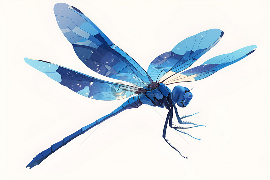 蓝色蜻蜓飞翔于白色背景图片
