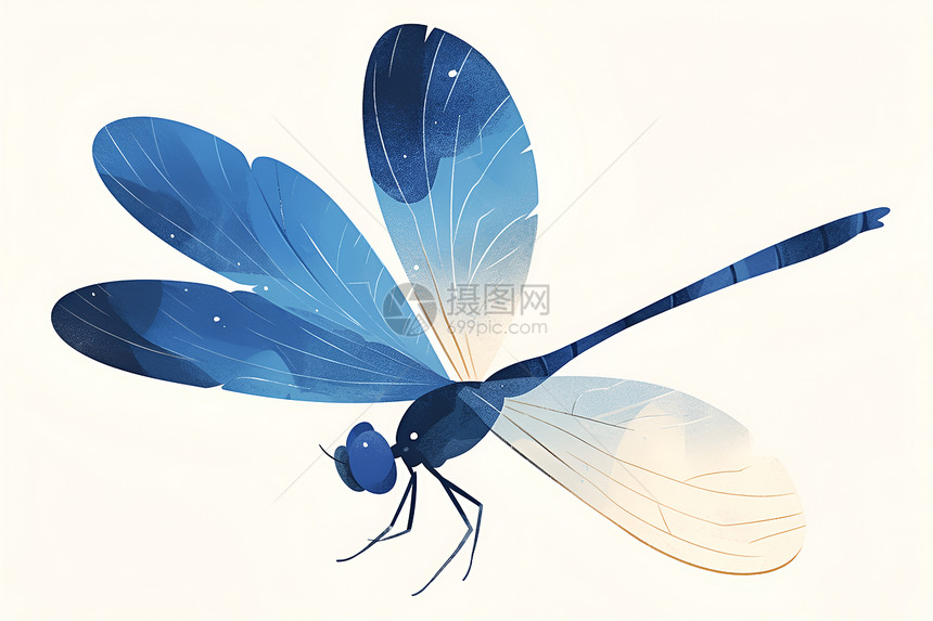 蓝色蜻蜓翱翔在白色画布上图片