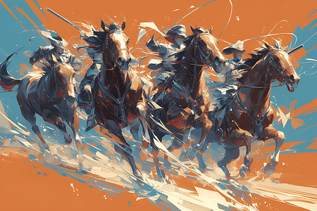 马头四匹奔驰的马插画