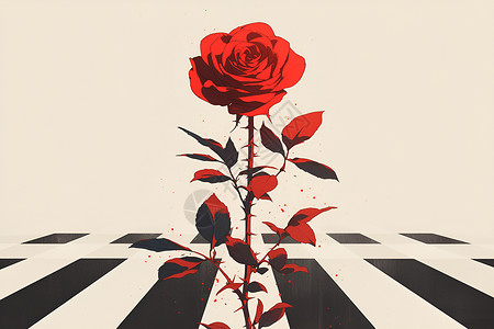 单色美甲红玫瑰在单色条纹中插画