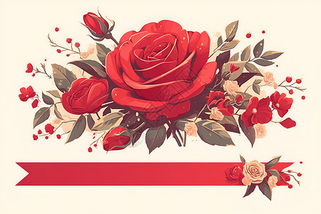绽放的玫瑰红玫瑰和红丝带插画