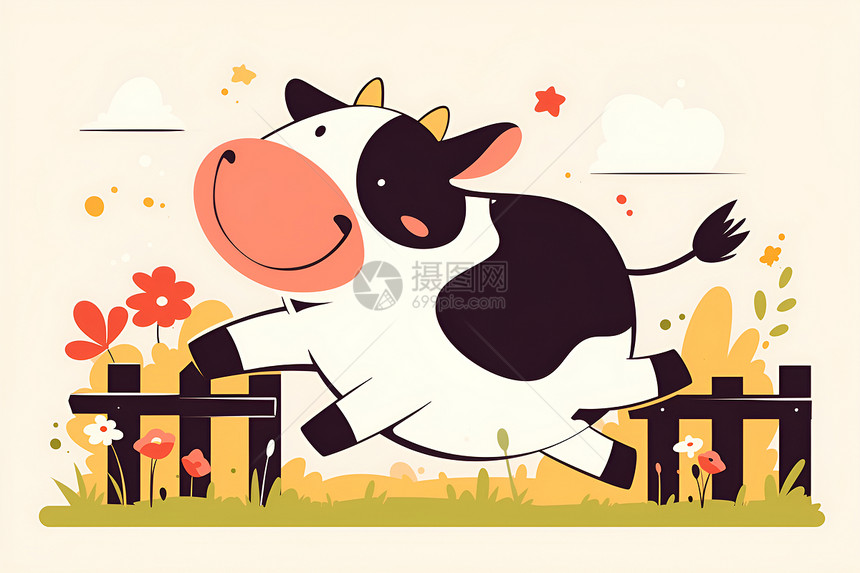 田园中欢快奔跑的小牛图片