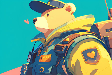 警训背着背包的胖熊警装插画