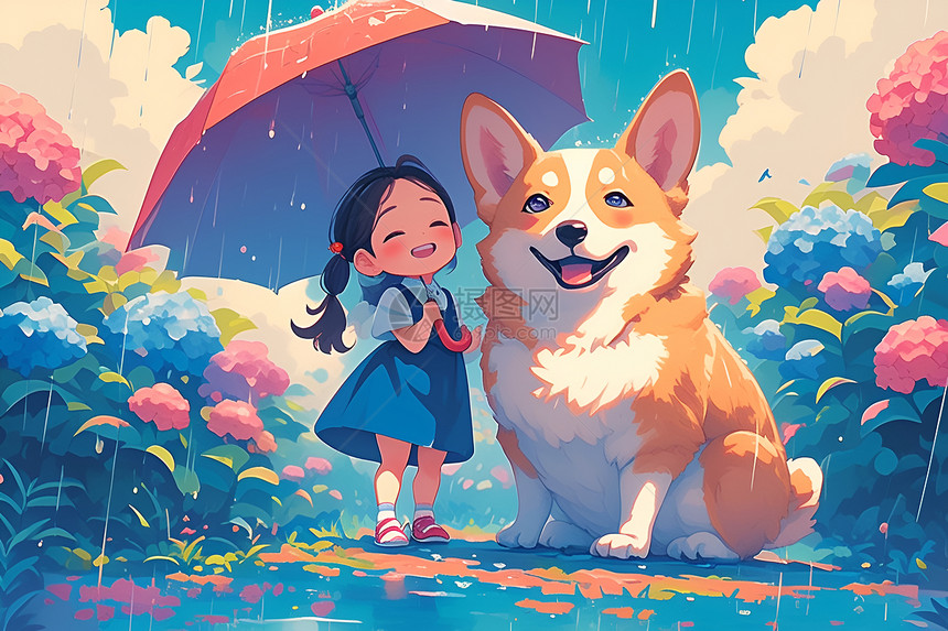 雨中少女与小狗图片