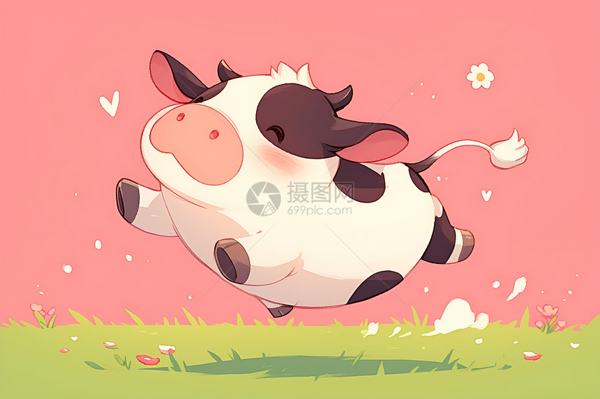 草地上跳跃的可爱奶牛图片