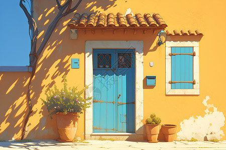 橙墙蓝门的小屋高清图片
