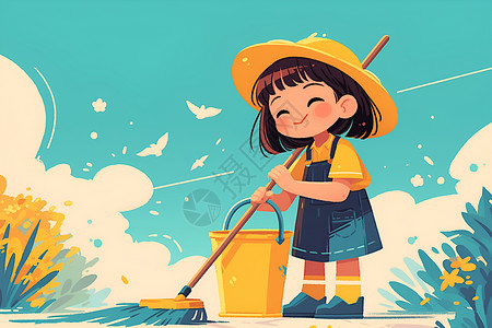 孩子扫地活泼欢快的小女孩在拖地插画