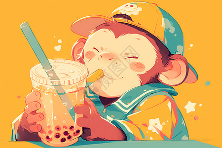 珍珠奶茶玻璃杯猴子戴着棒球帽喝着珍珠奶茶插画