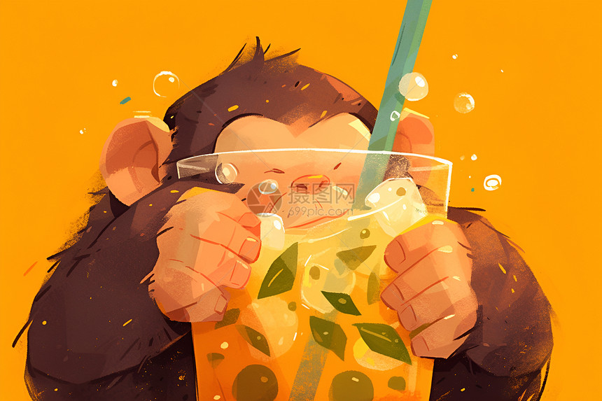 猴子喝着橙汁图片