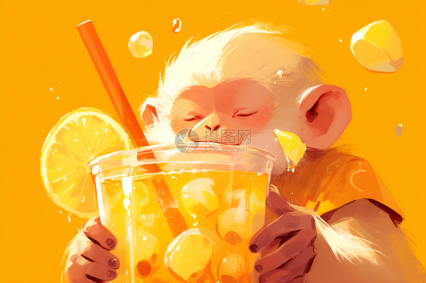 猴子喝柠檬水图片