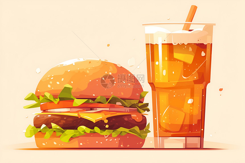 简化的汉堡与饮料图片