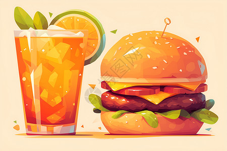 夹肉的汉堡汉堡与饮料插画