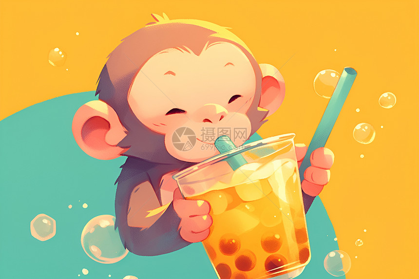 猴子欢享珍珠奶茶图片