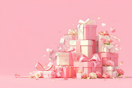 粉色猫头装饰一堆粉色礼盒插画