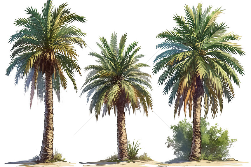 在沙滩上的三棵棕榈树图片