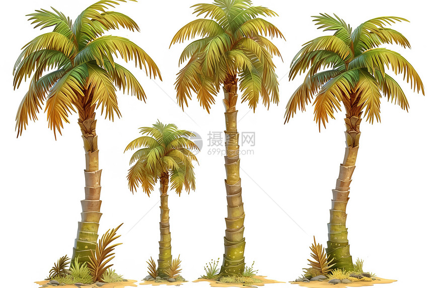 白色背景的三棵棕榈树图片