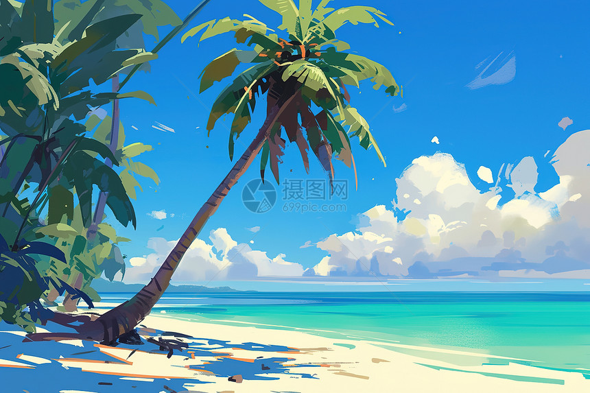 阳光海滩上的棕榈树图片