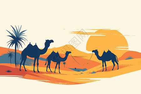 沙漠行骆驼行于沙漠中插画