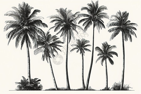 绿色的椰树黑白色背景下的椰树插画