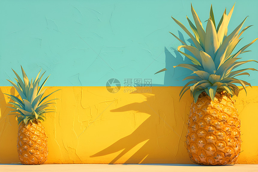 墙壁前的两个菠萝图片