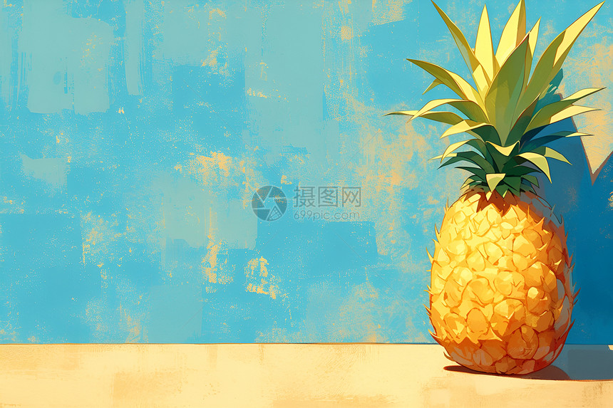 蓝色墙壁前的菠萝图片
