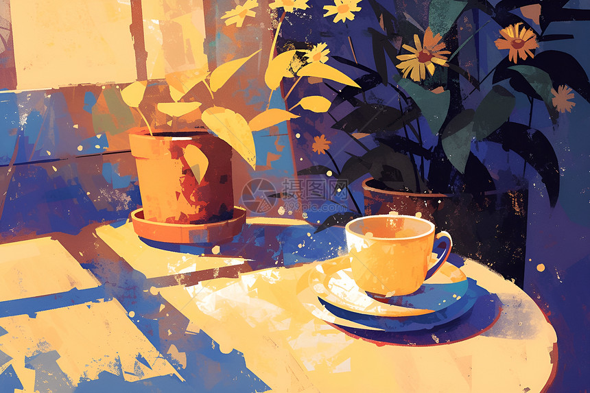 桌上的茶杯与盆栽图片