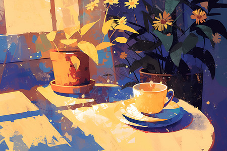 咖啡碟桌上的茶杯与盆栽插画