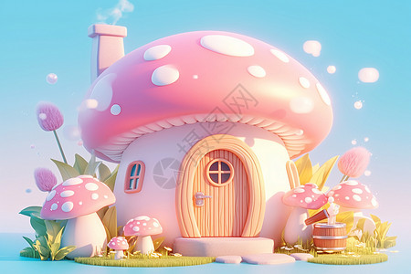 蘑菇背景粉色蘑菇屋的童话世界插画