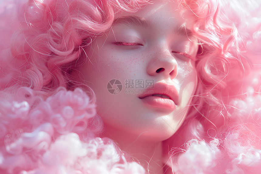 在粉色烟雾沉睡的女人图片