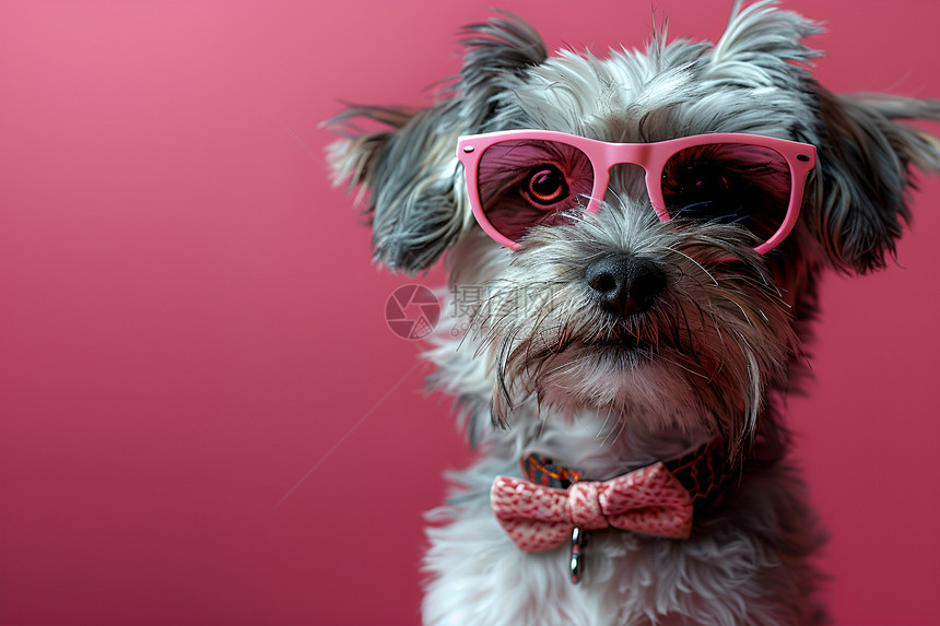 粉色背景前的时尚小狗图片
