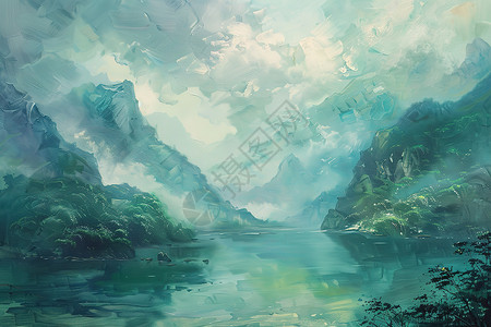 水墨油画云雾缭绕的山河插画