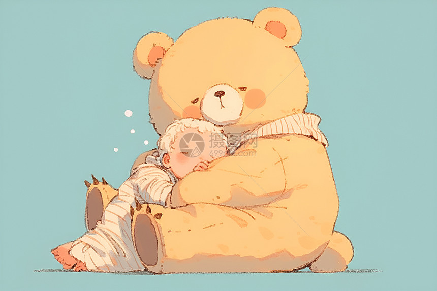 依偎在泰迪熊身边入睡的宝宝图片