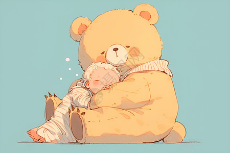 宝宝入睡依偎在泰迪熊身边入睡的宝宝插画