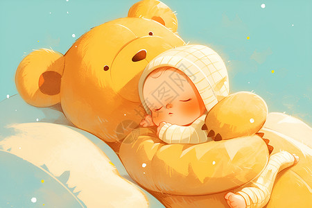 泰迪熊抱着宝宝入睡插画