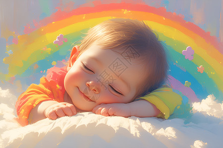 在彩虹下沉睡的宝宝插画