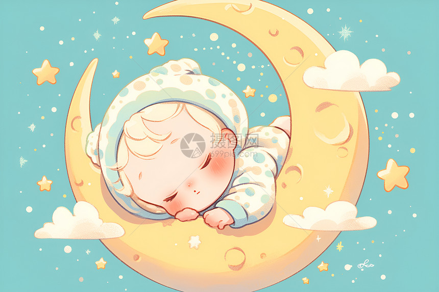 月亮上的宝宝悠然入睡图片