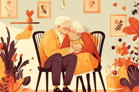 下棋的老者幸福的老年夫妇插画