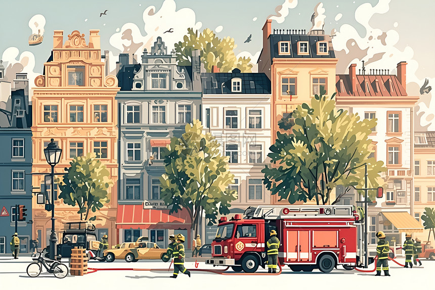 繁忙城市景观中的红色消防车图片