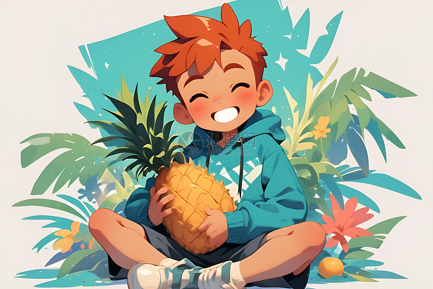 欢乐的男孩拥抱菠萝图片