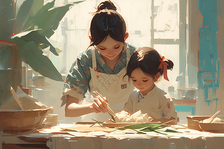 母女制作粽子的温馨时刻背景图片