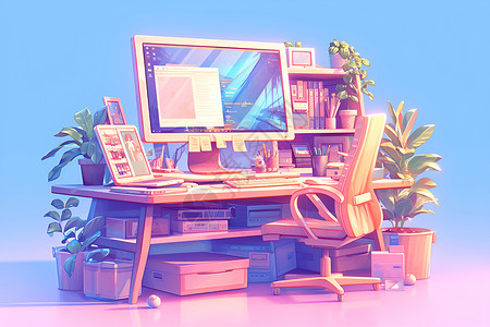 电脑粉色桌上的电脑插画