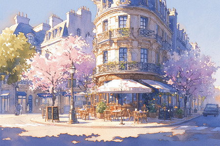樱花树素材街角的咖啡厅插画