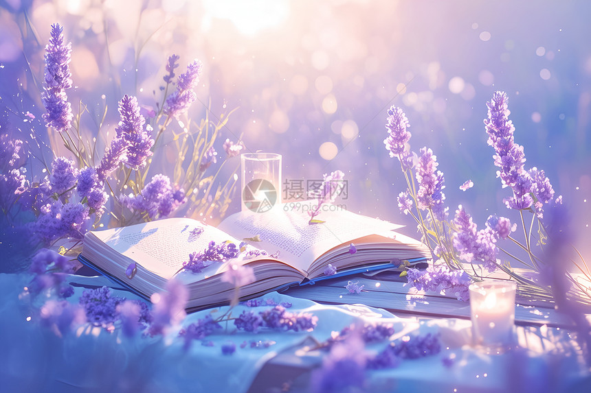 紫色花朵和书本图片