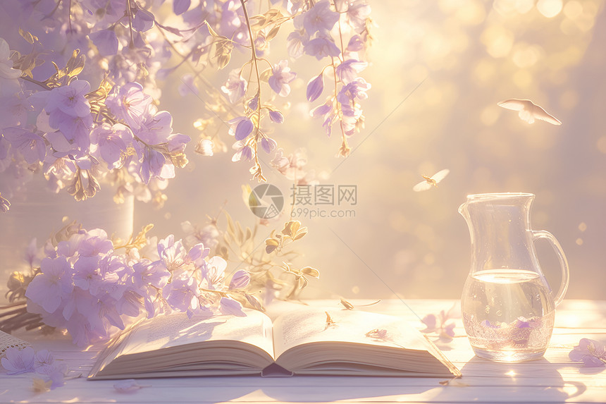 阳光下的花朵和书本图片