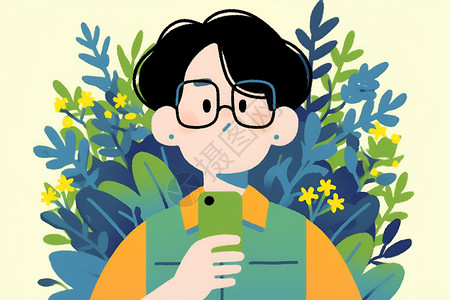 手持手机的人一个人手持手机站在植物前插画