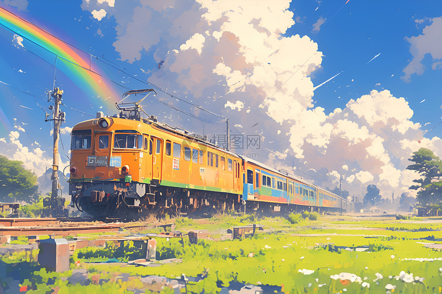 彩虹下的火车图片