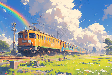 水上高架彩虹下的火车插画