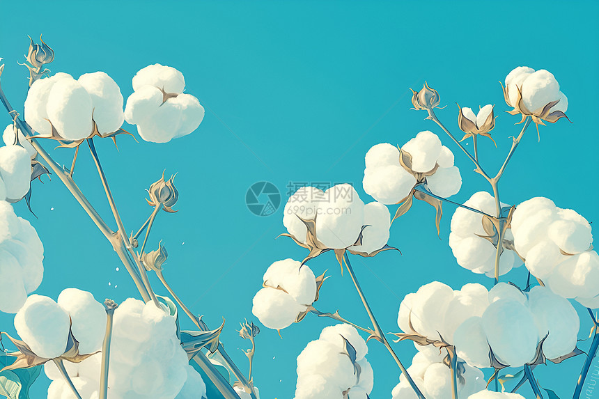 蓝色天空下的两株棉花图片